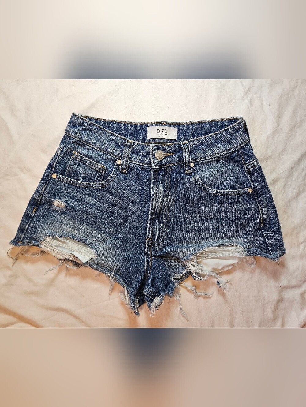 Rise Supply Co Juniors Blue Distressed High Rise Frayed Hem Denim Shorts Size 5